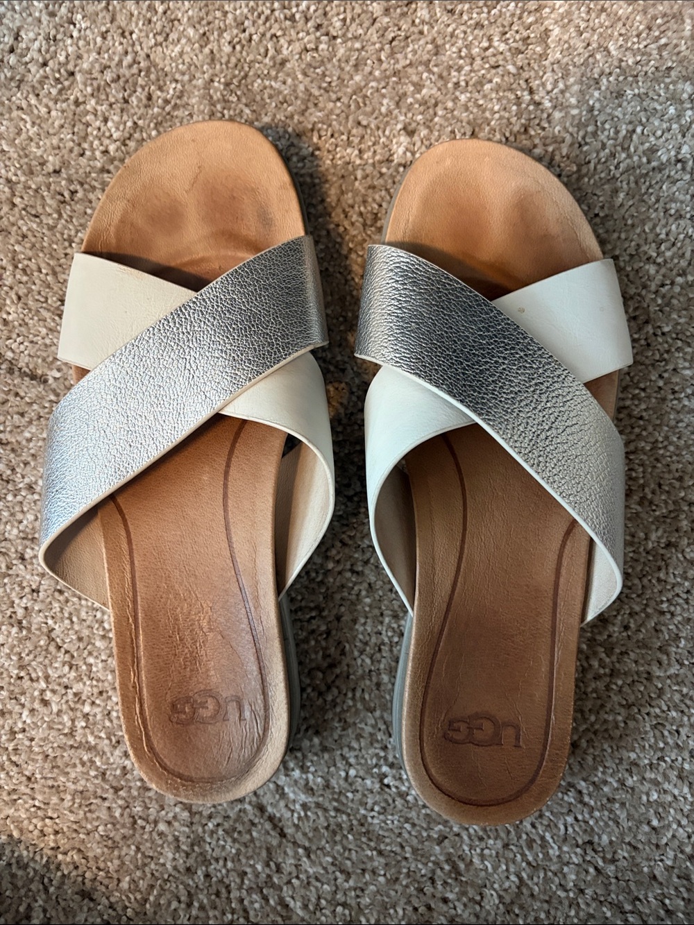 UGG Women's Metallic Silver and Cream Crossband Slide Sandals
